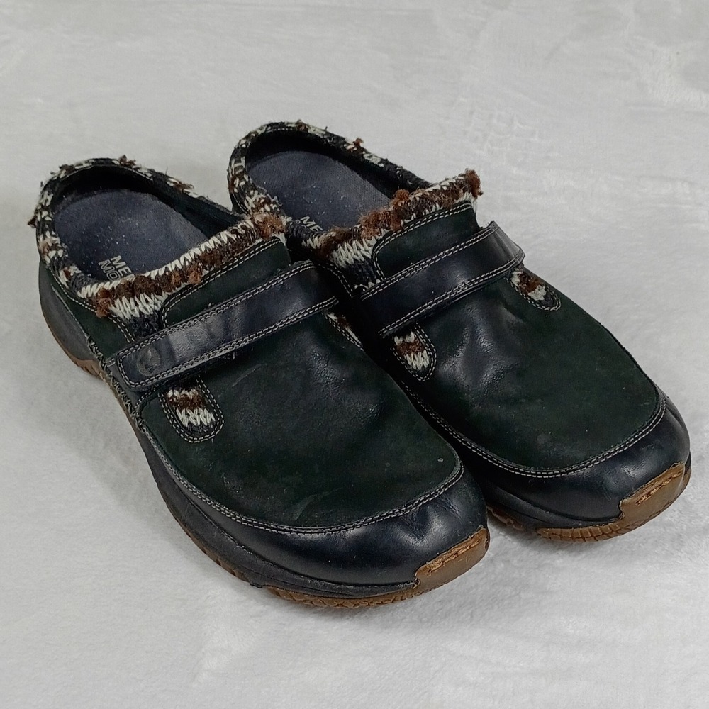 Merrell Clogs Womens 11 Black  Leather Knit Trim Slip On Mocs